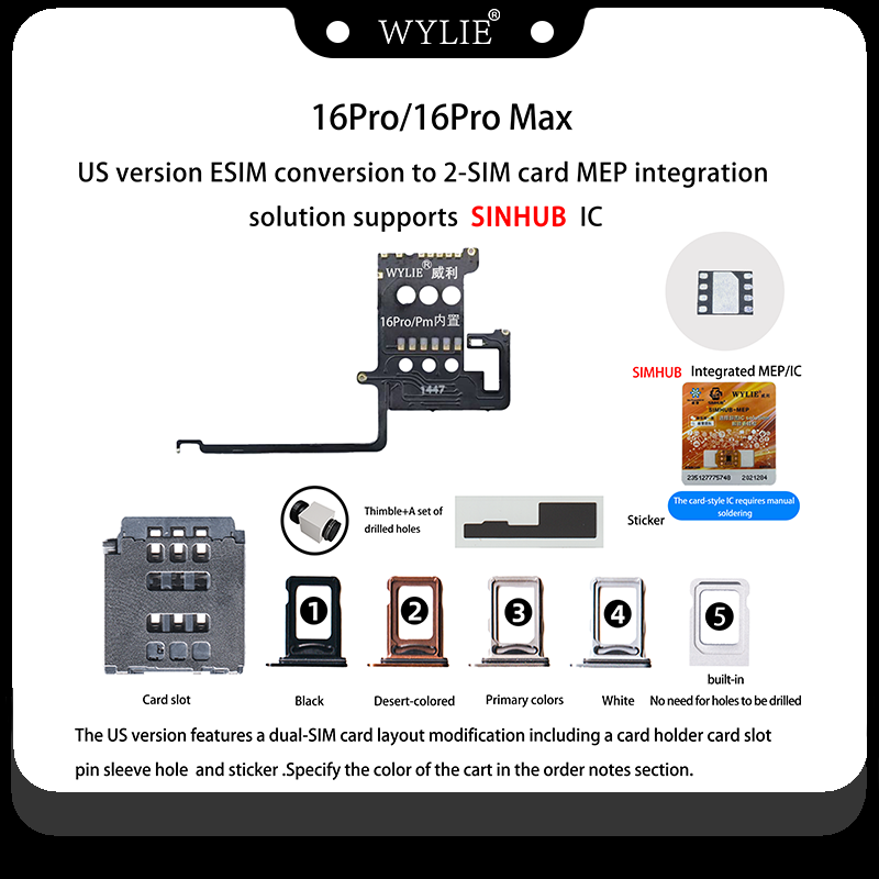 Nuevo adaptador MEP iPhone 16 Pro / 16 Pro Max Versión EE.UU. de eSIM a Doble SIM física Negra